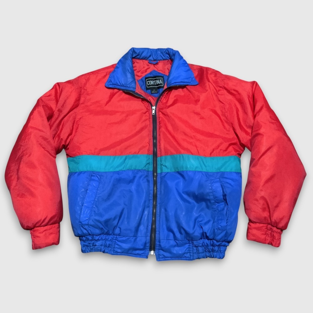 Vintage Cortina Puffer‎ Ski Jacket 80s Retro Zip Colorful Coat Mens Medium Red